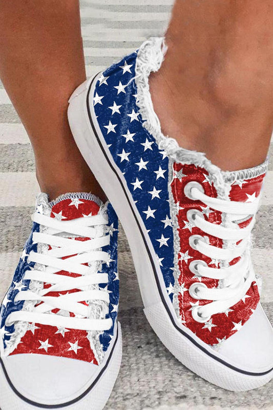 Multicolor American Flag Stars Printed Frayed Detail Lace-up Shoes - Viraxa