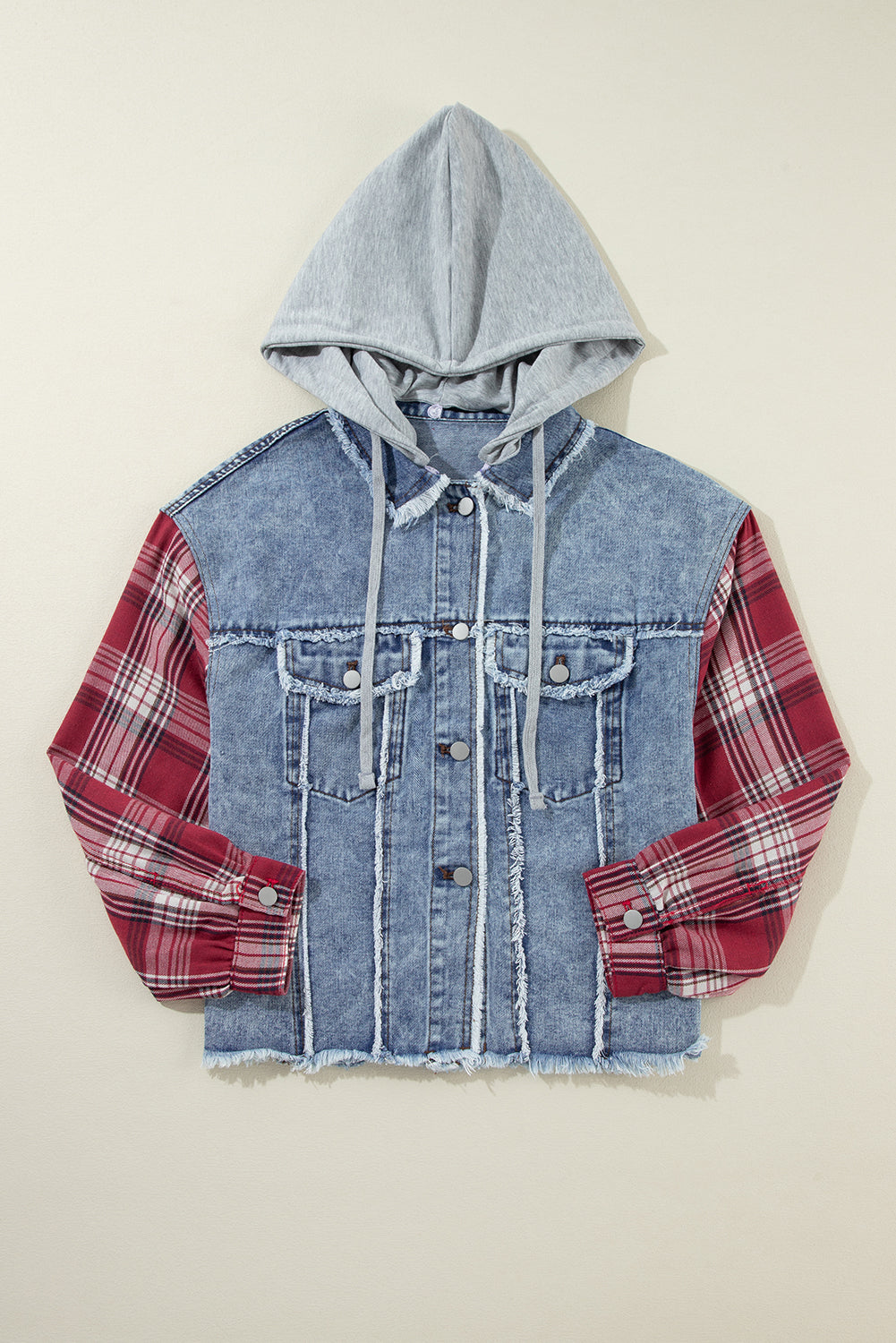 Beau Blue Plaid Print Patchwork Hooded Raw Hem Denim Jacket - Viraxa