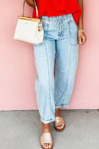 Myosotis Exposed Stitch Detail Drawstring Barrel Jeans - Viraxa