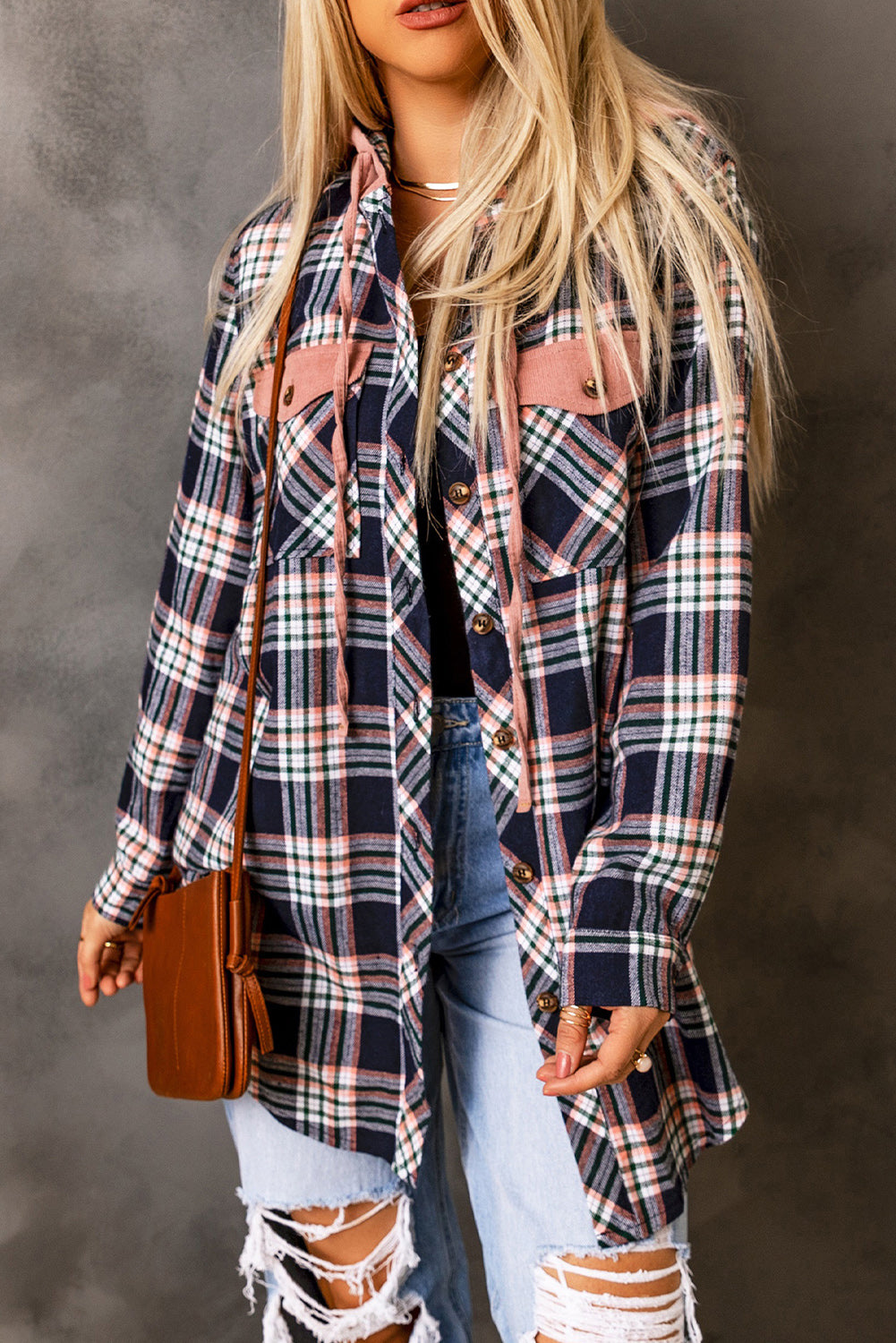 Pink Contrast Hooded Drawstring Plaid Shacket - Viraxa