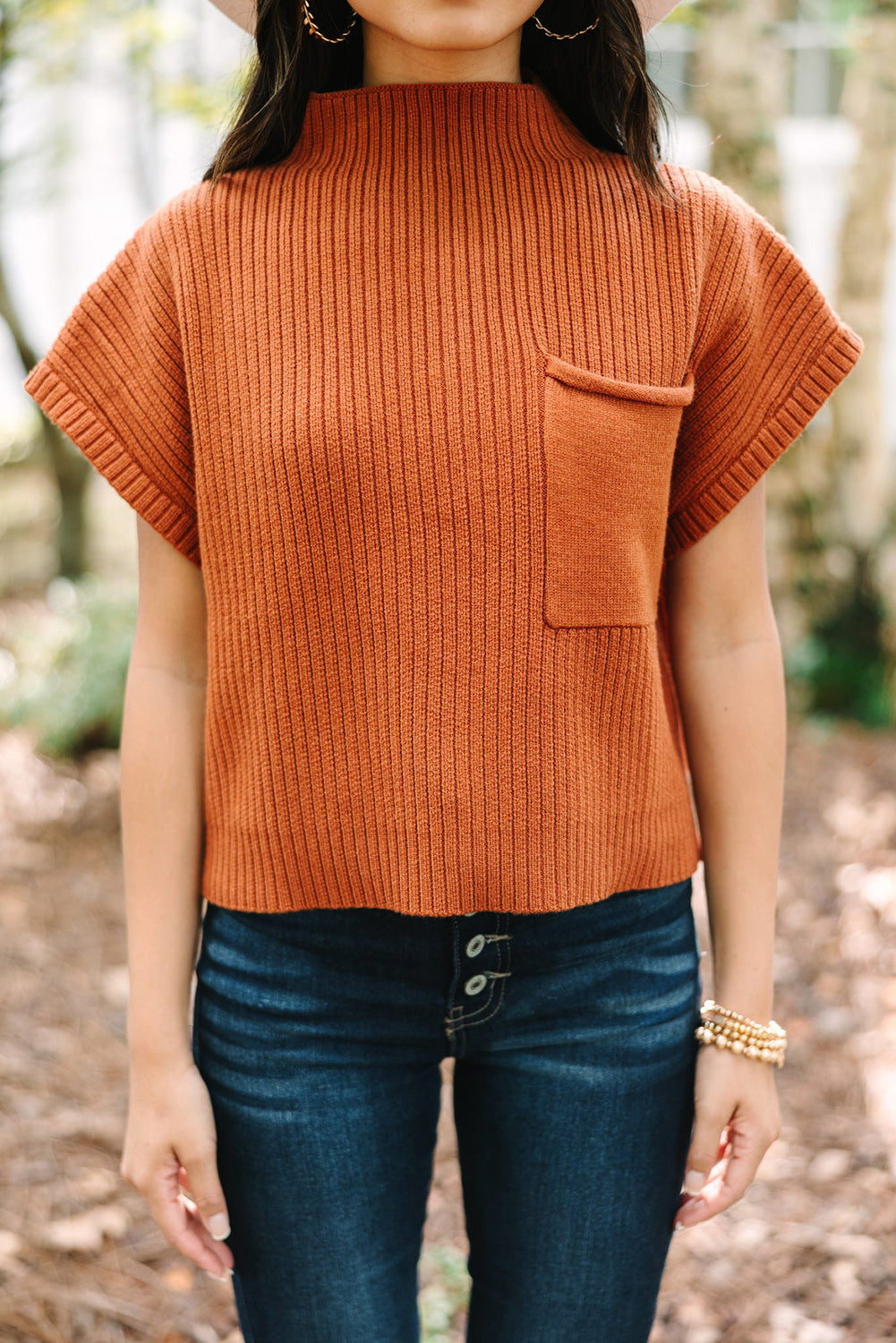 Gold Flame Patch Pocket Ribbed Knit Short Sleeve Sweater - Viraxa
