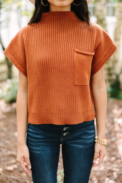 Gold Flame Patch Pocket Ribbed Knit Short Sleeve Sweater - Viraxa