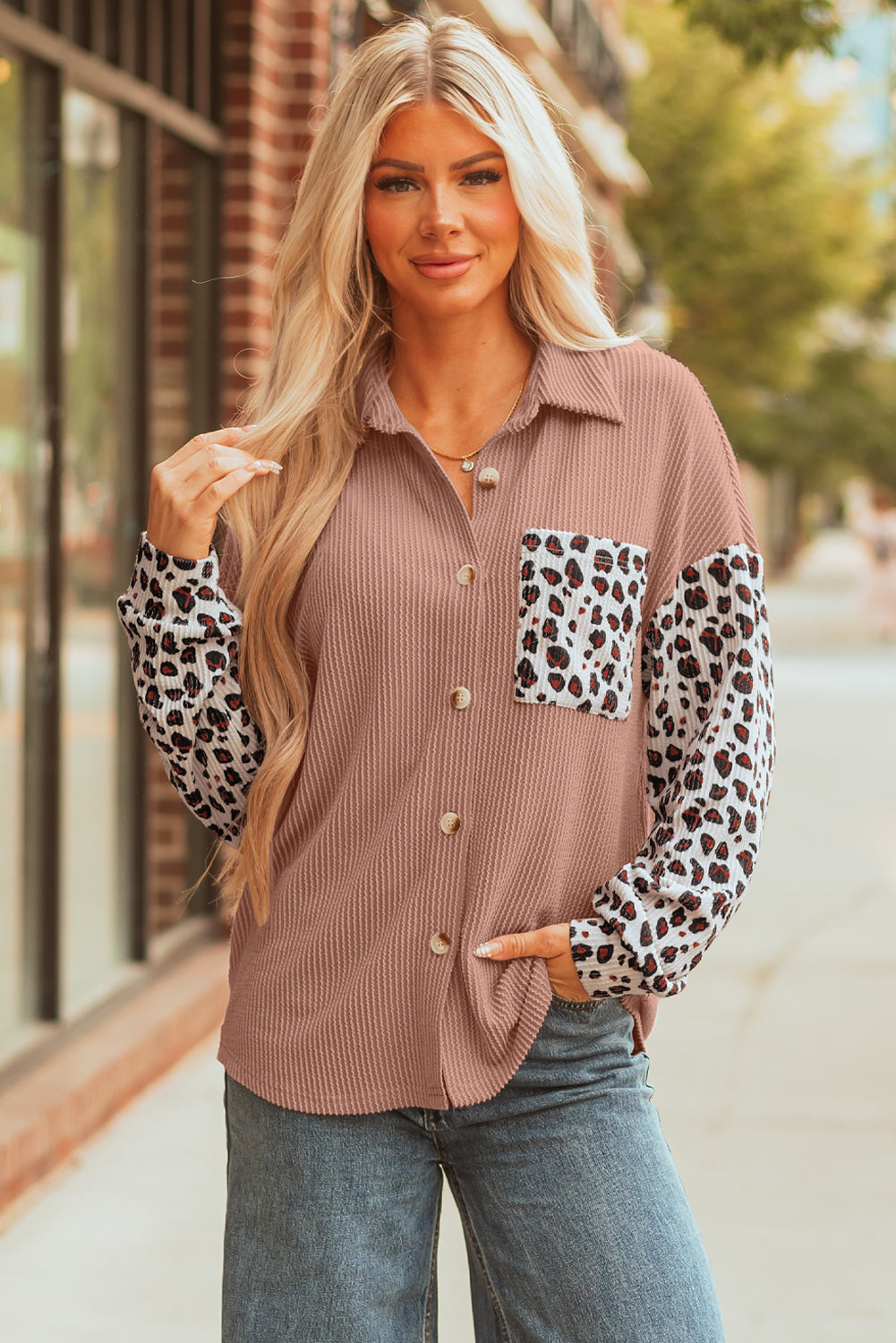 Dark Khaki Leopard Patched Twisted Ribbed Western Casual Shacket - Viraxa