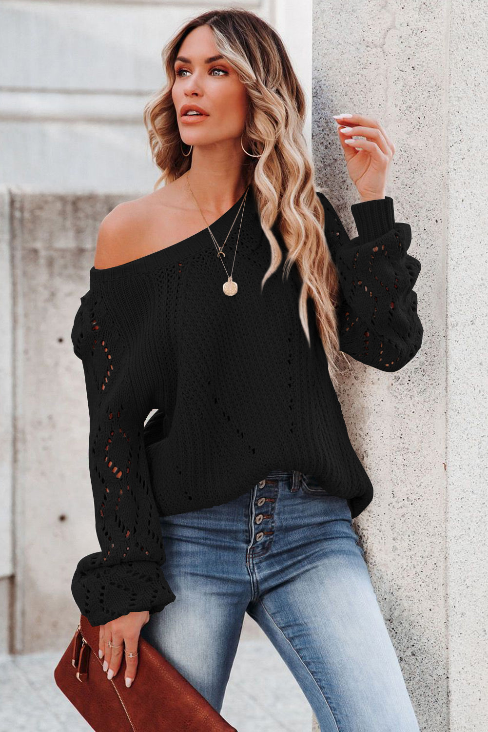 Black Hollow-out Puffy Sleeve Knit Sweater - Viraxa