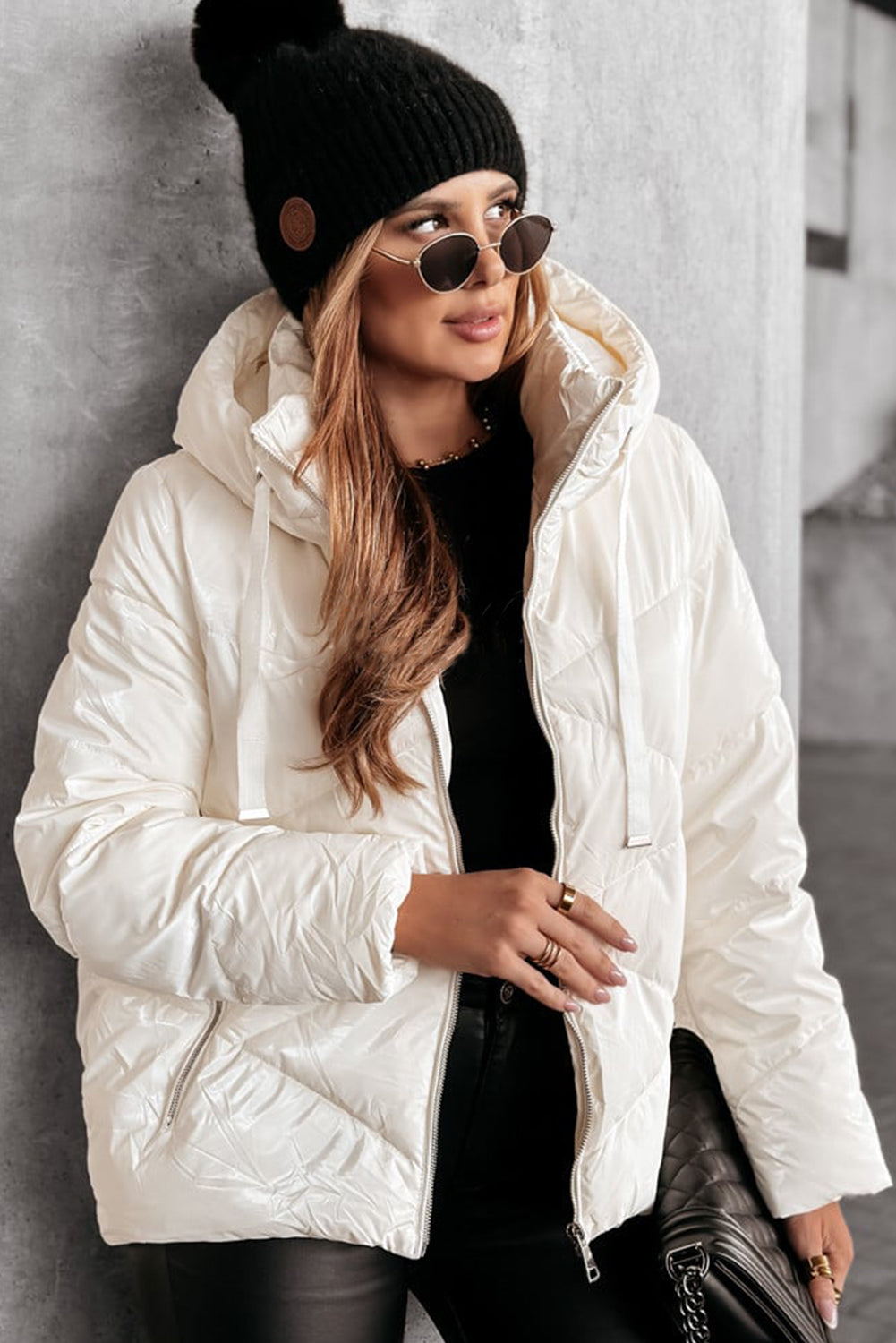 White Solid Quilted Hooded Zip Up Puffer Coat - Viraxa