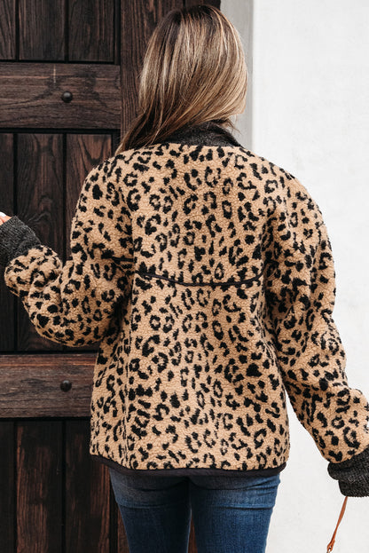 Khaki Leopard Print Zip Up Stand Neck Side Pocket Jacket - Viraxa