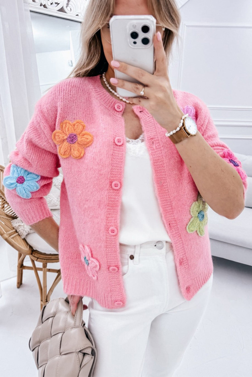 Pink Cute Knitted Floral Pattern Button Up Cardigan - Viraxa
