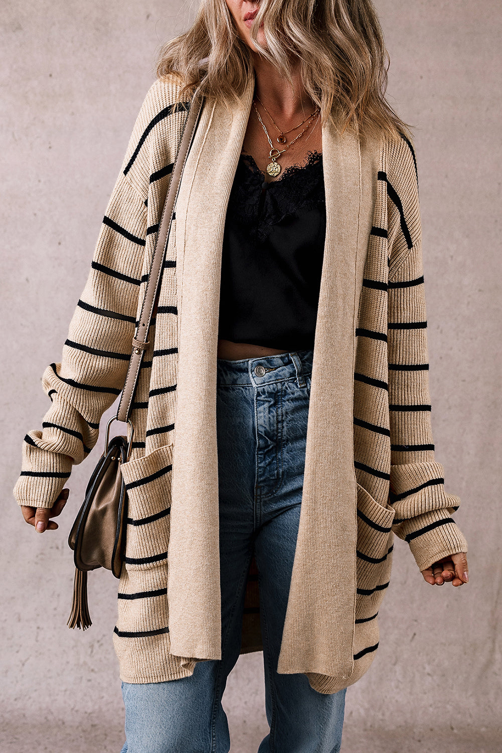 Black Stripe Shawl Neckline Open Cardigan with Pockets - Viraxa