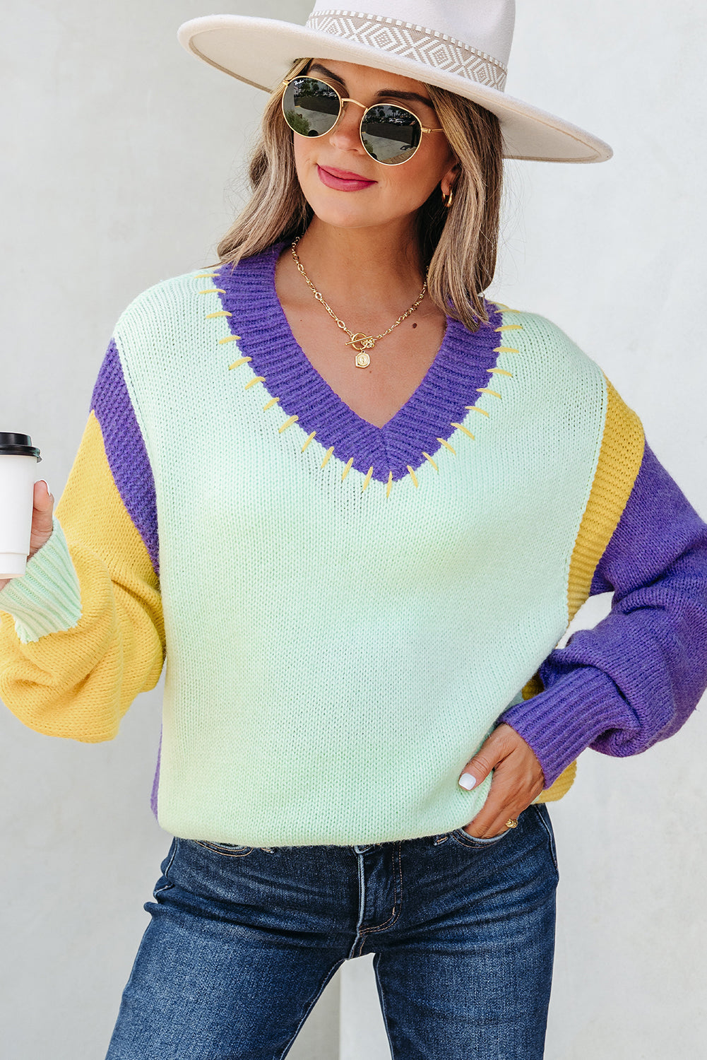 Green Stitched V Neck Color Block Knitted Drop Shoulder Sweater - Viraxa