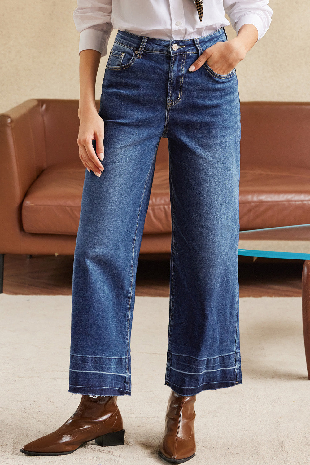 Real Teal Raw Hem Straight Leg Loose High Waist Jeans - Viraxa