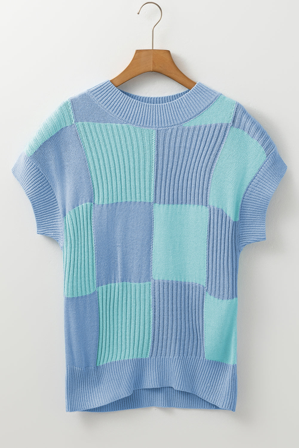 Light Blue Checkered Color Block Crew Neck Short Sleeve Sweater - Viraxa