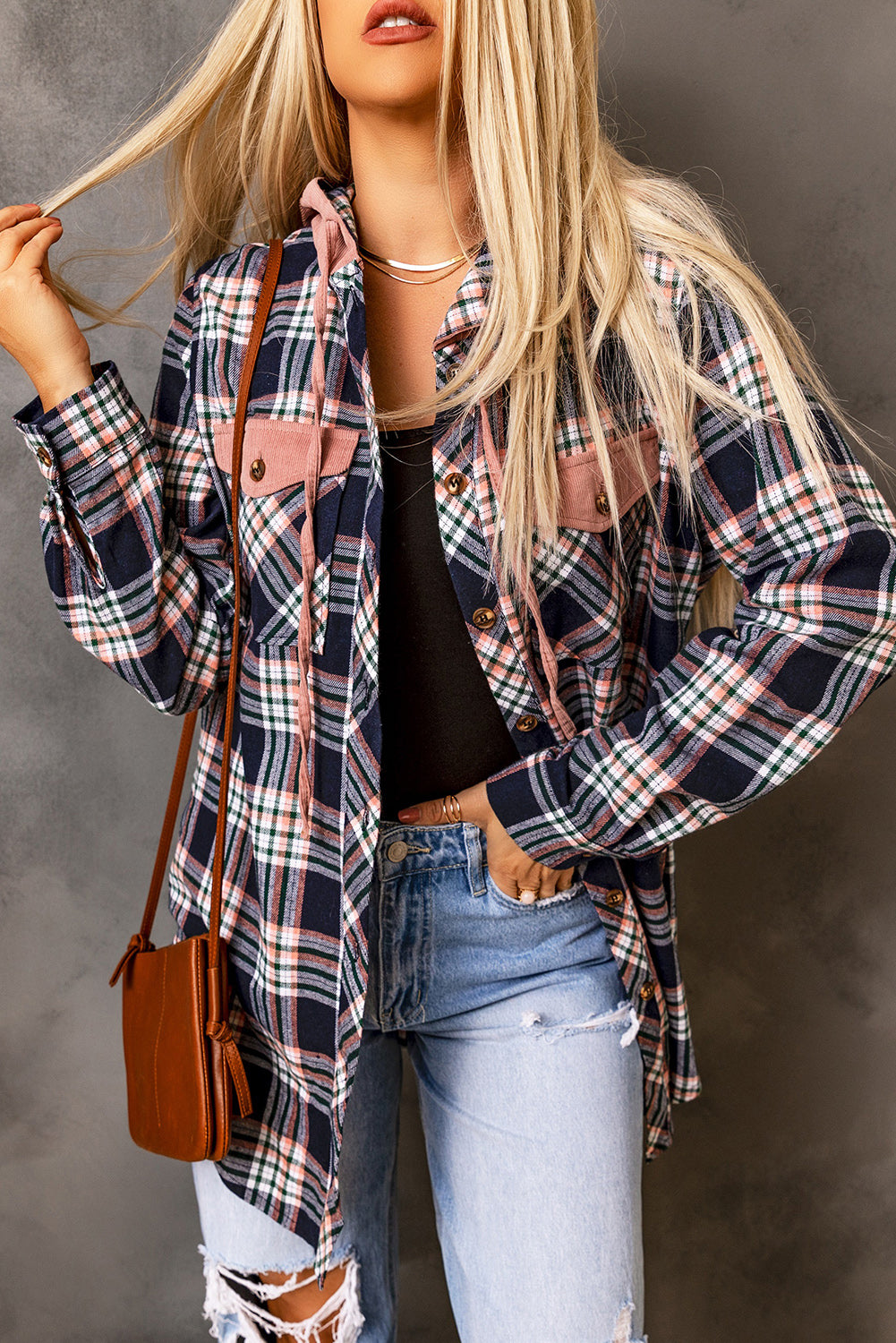 Pink Contrast Hooded Drawstring Plaid Shacket - Viraxa