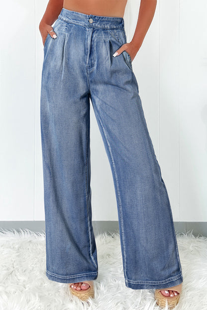 Dusk Blue Acid Wash Wide Leg High Waist Jeans - Viraxa