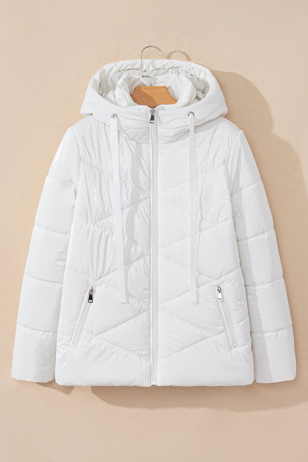 White Solid Quilted Hooded Zip Up Puffer Coat - Viraxa