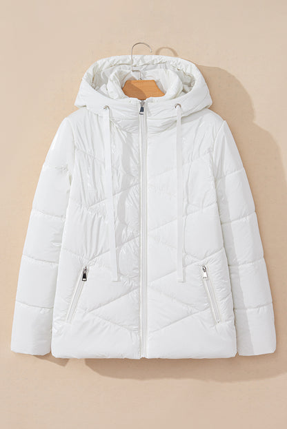 White Solid Quilted Hooded Zip Up Puffer Coat - Viraxa