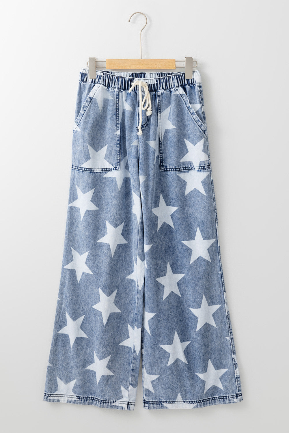 Light Blue Star Print Light Wash Drawstring Elastic Waistband Wide Leg Jeans - Viraxa