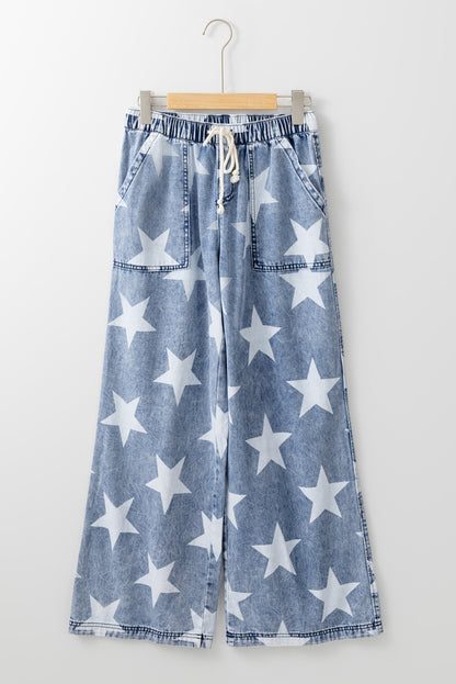 Light Blue Star Print Light Wash Drawstring Elastic Waistband Wide Leg Jeans - Viraxa