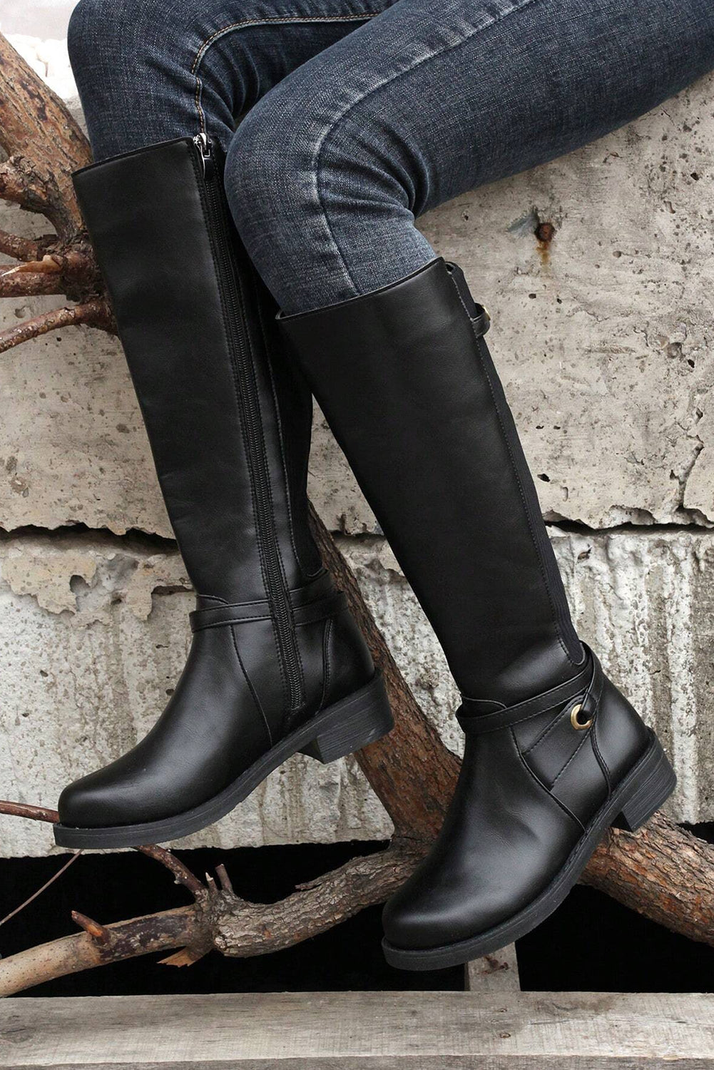 Black Side Zipper Knee High Chunky Low Heel Boots - Viraxa