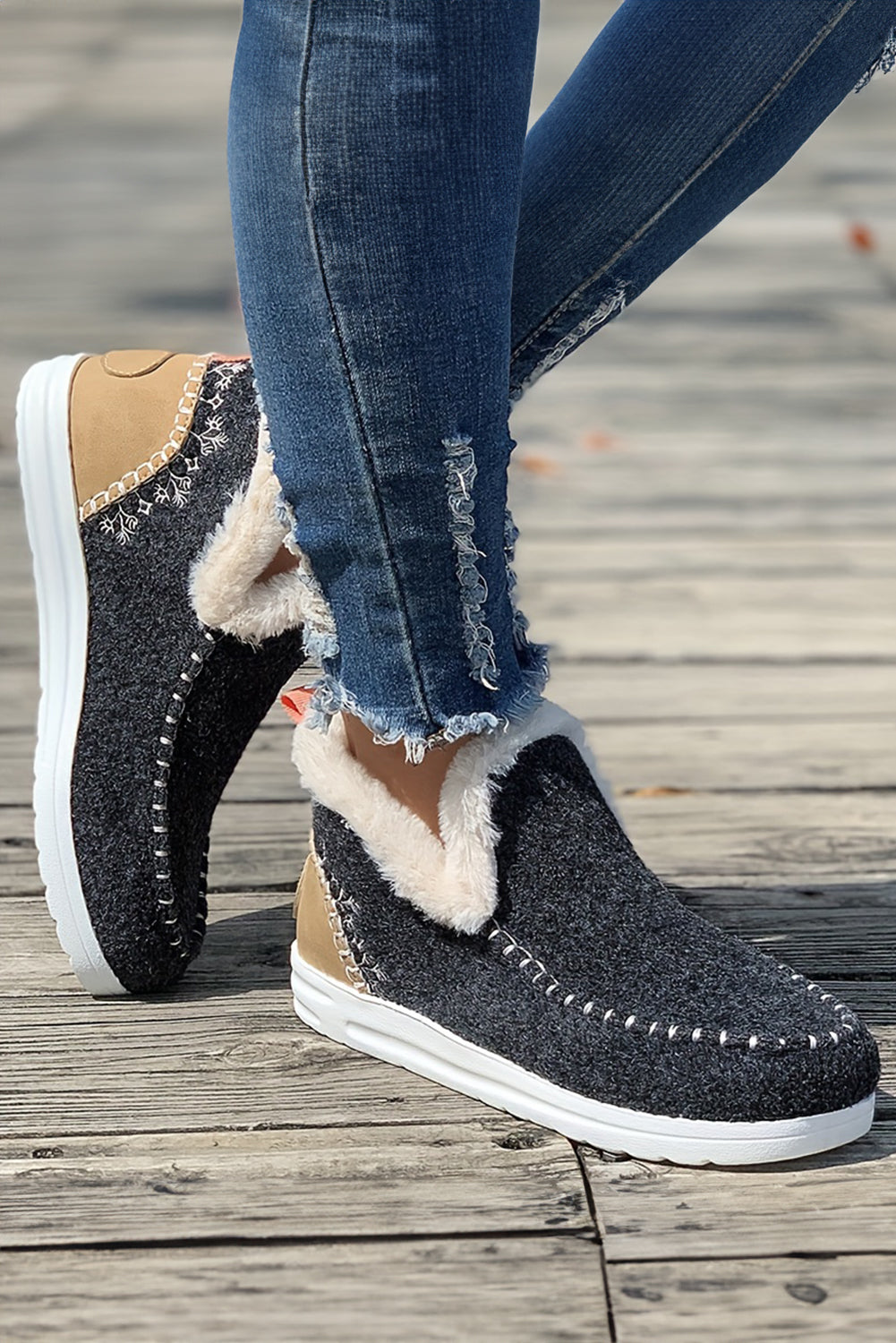 Carbon Grey Suede Stitching Patchwork Plush Lined Anklet Boots - Viraxa