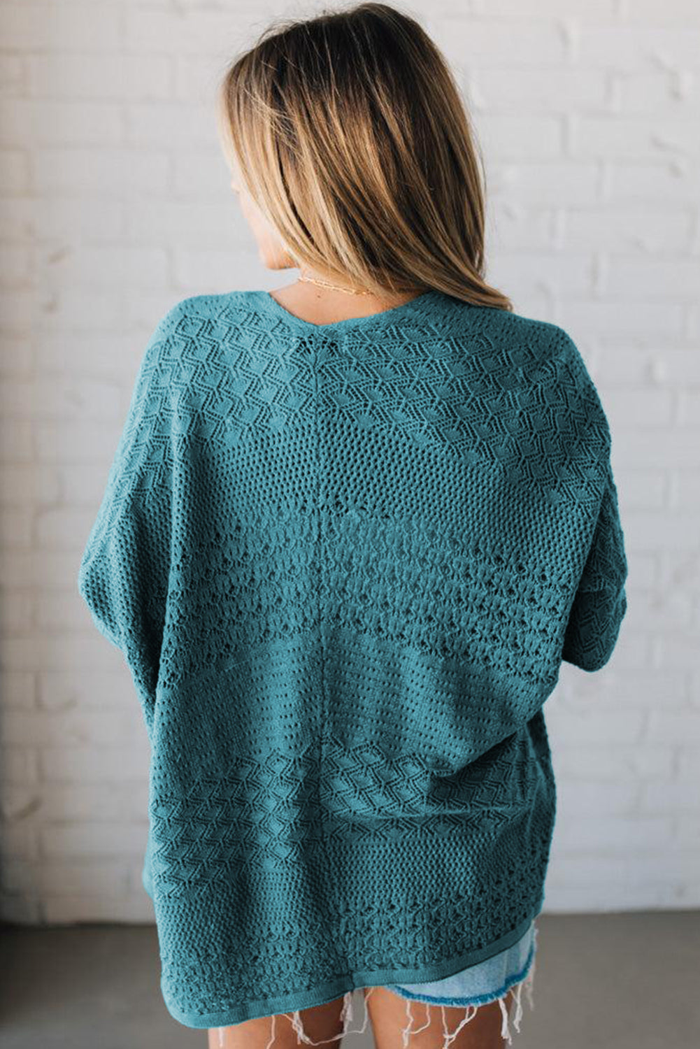 Lapis Mix Pattern Hollowed Knit Open Front Cardigan - Viraxa