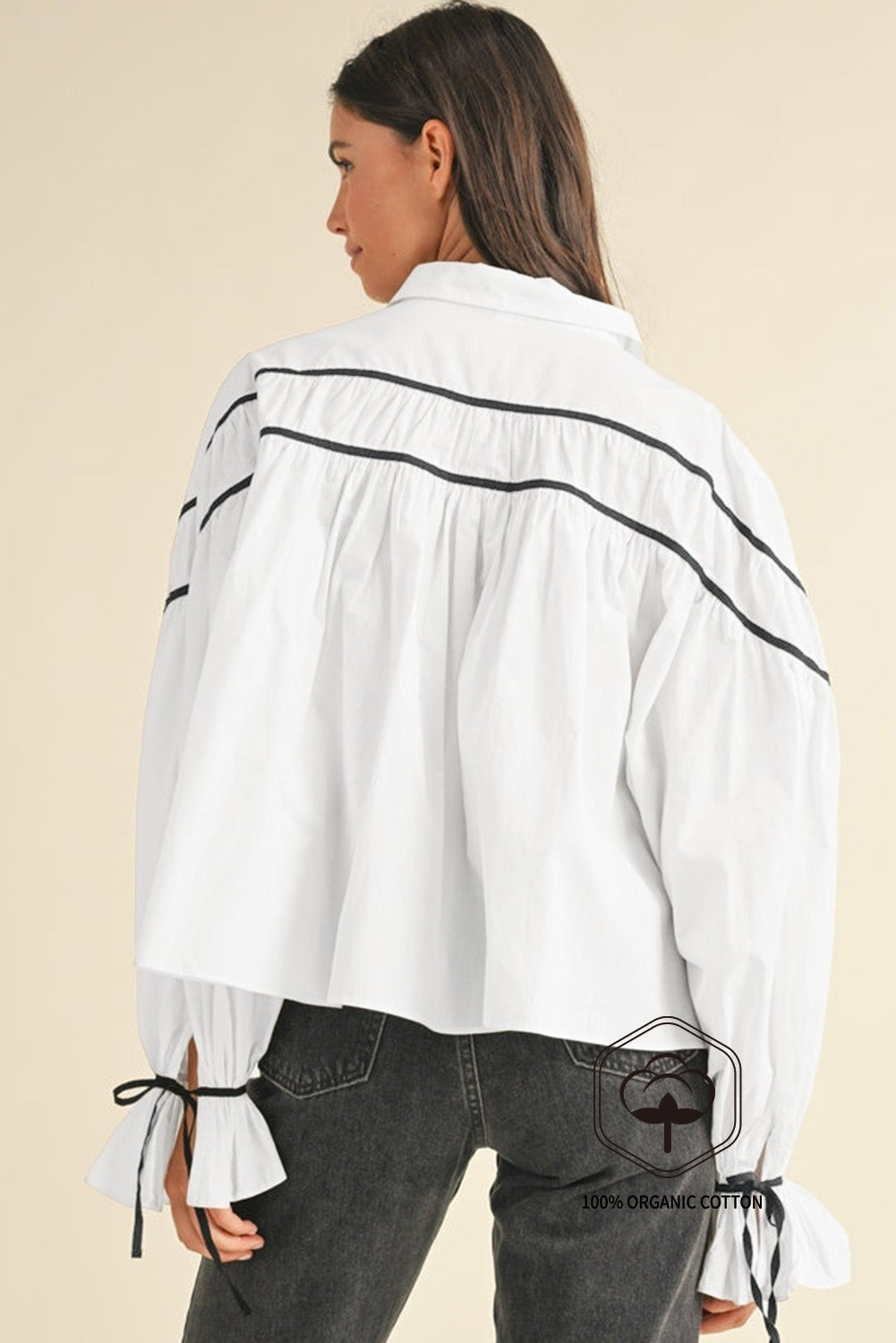 White Black Pipping Ribbon Bowtie Collared Ruffled Puff Sleeve Shirt
