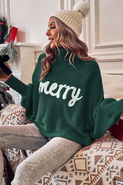 Blackish Green Merry Letter Embroidered High Neck Sweater - Viraxa