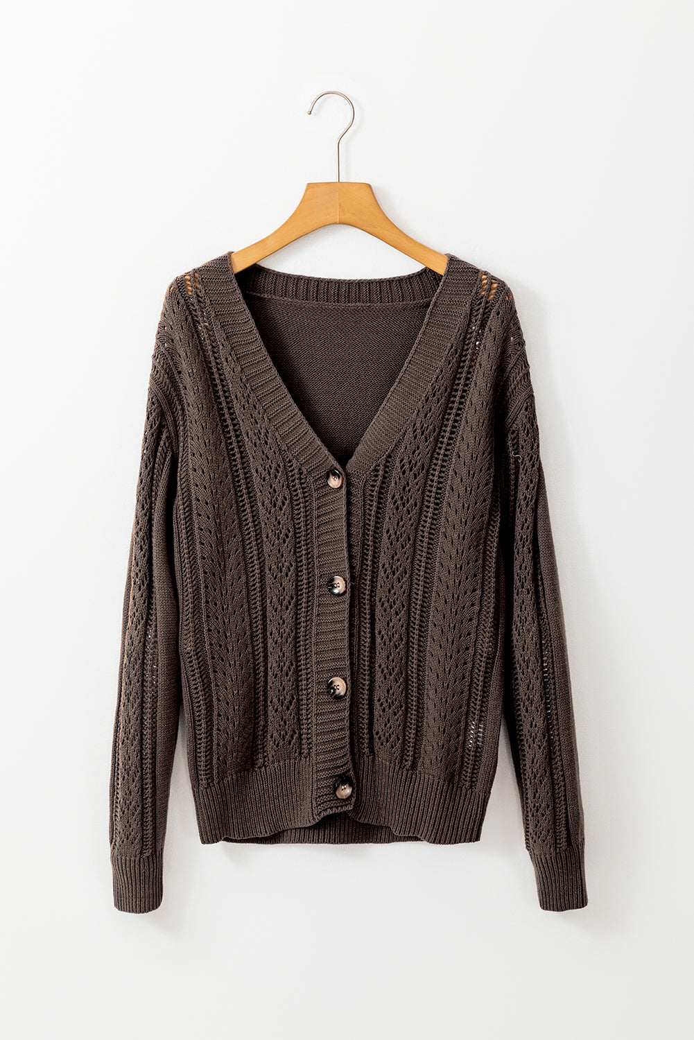 Dark Khaki Open Knit Drop Shoulder Sweater Cardigan - Viraxa