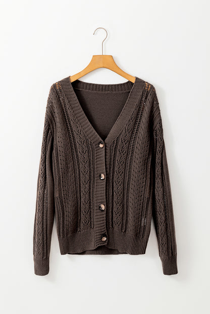 Dark Khaki Open Knit Drop Shoulder Sweater Cardigan - Viraxa