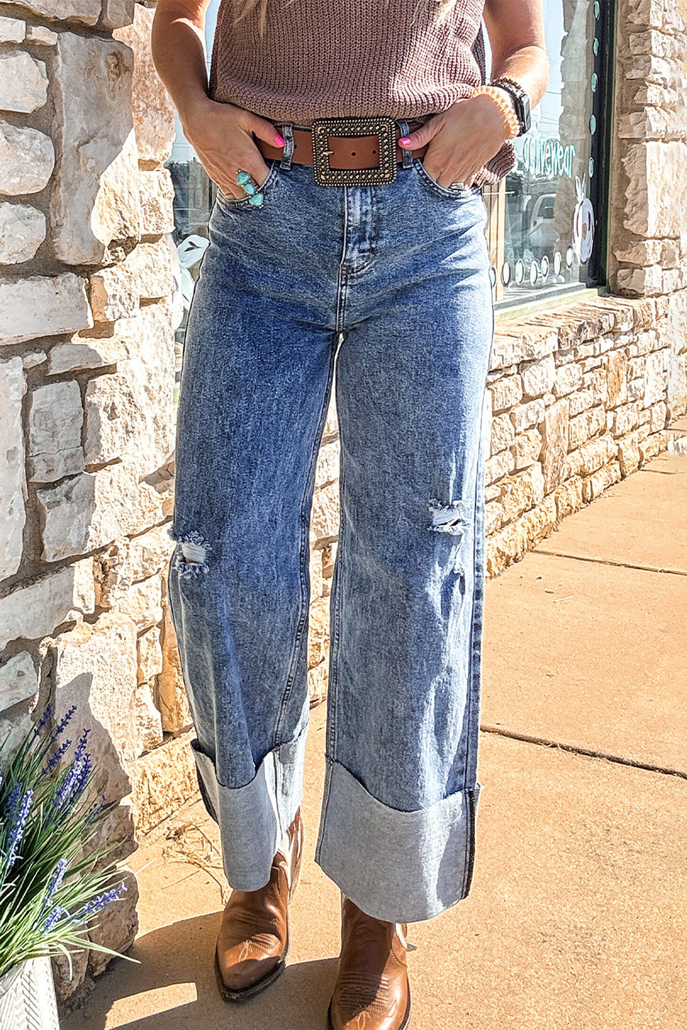 Ashleigh Blue Mineral Wash Bottom Cuff Distressed Wide Leg Jeans - Viraxa