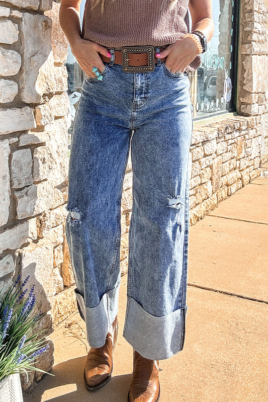 Ashleigh Blue Mineral Wash Bottom Cuff Distressed Wide Leg Jeans - Viraxa