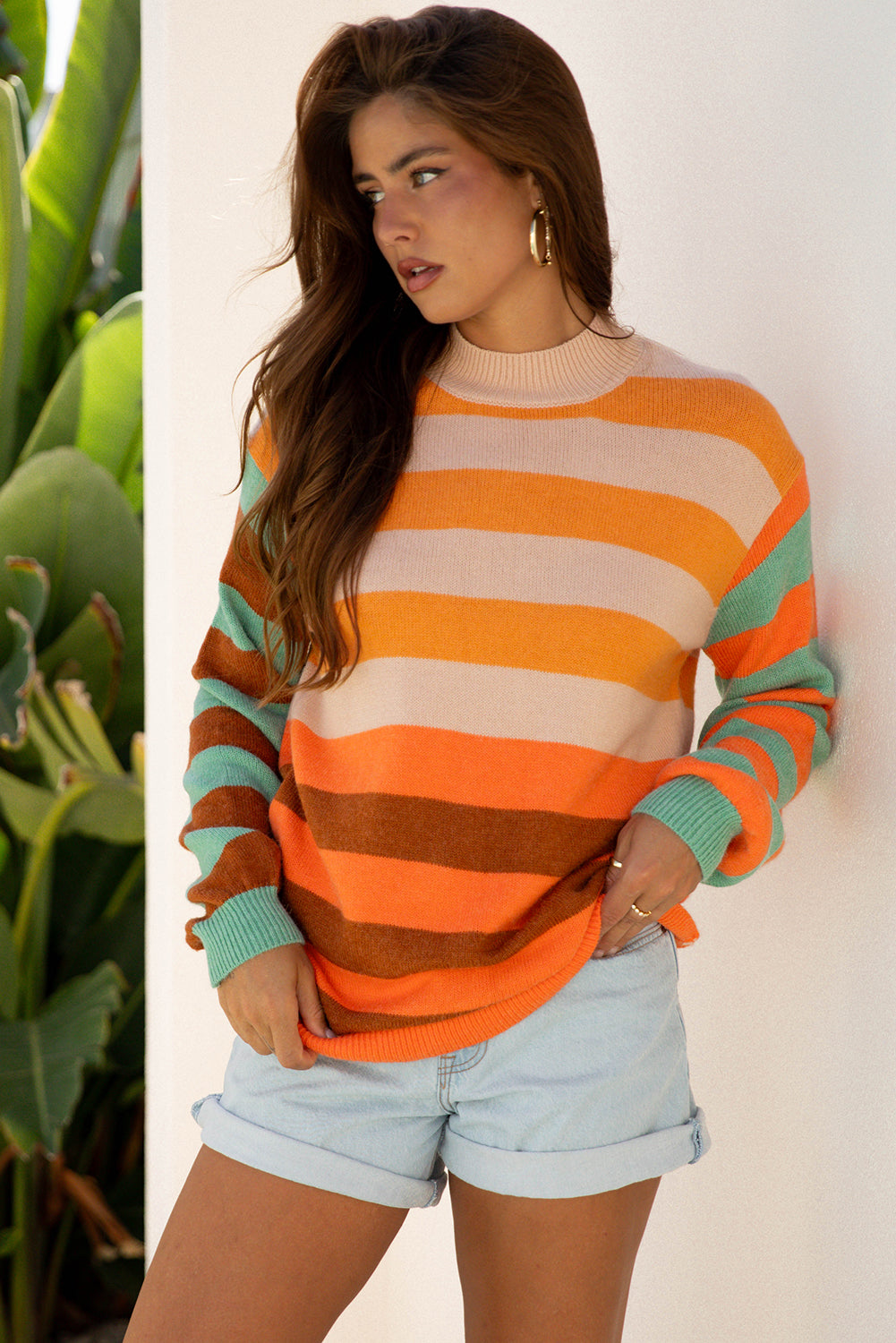 Orange Stripe Color Block High Neck Drop Shoulder Cozy Sweater - Viraxa