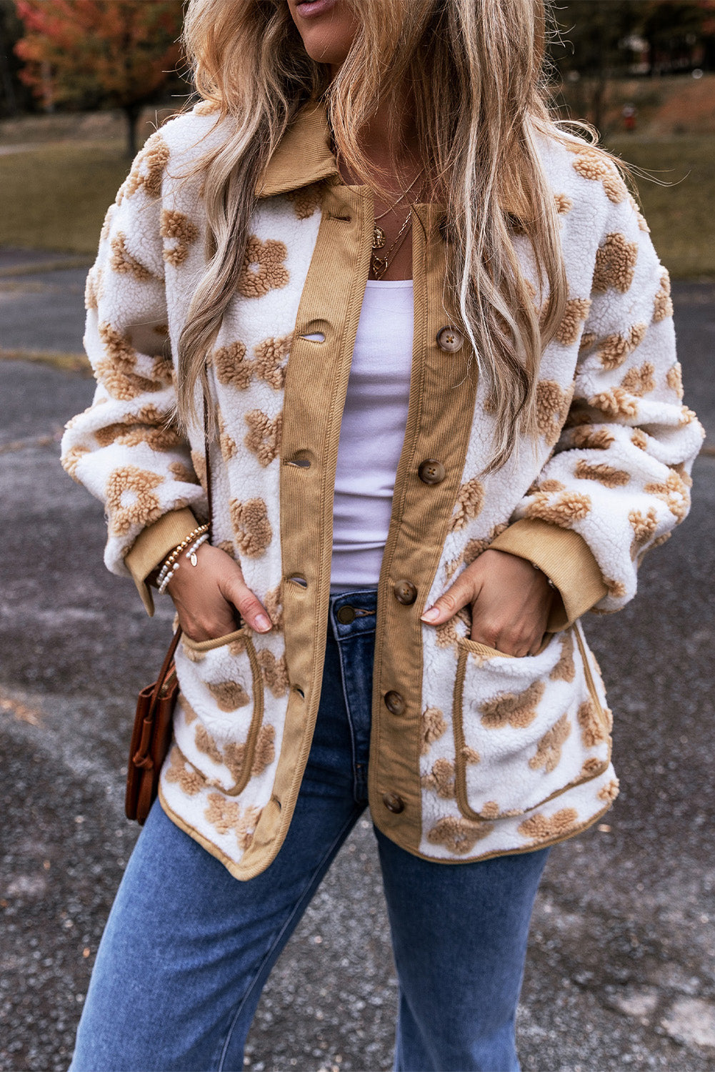 Light French Beige Cute Flower Pattern Button Up Fleece Jacket - Viraxa