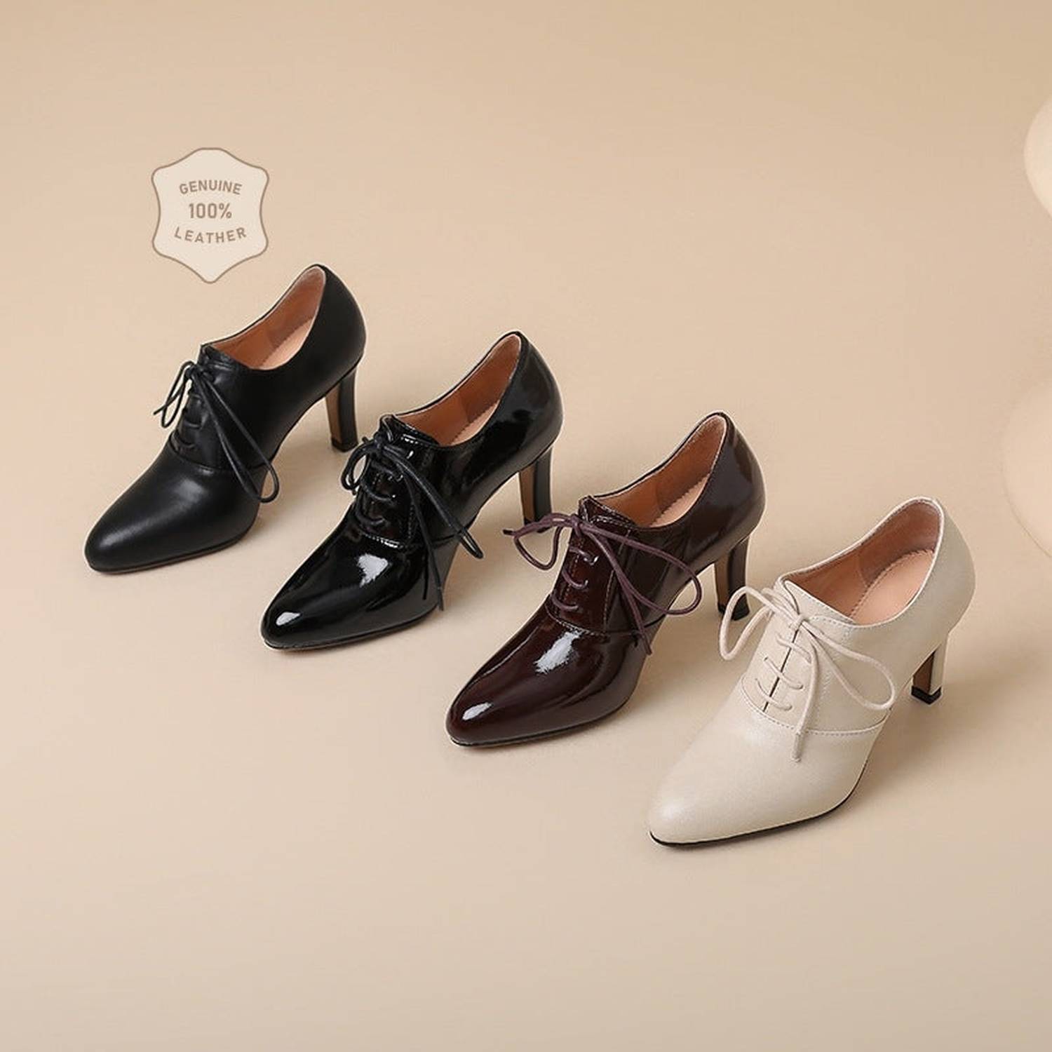 High Heel Lace-up Authentic Leather British Style Pointed Leather Shoes Mid Heel Loafers (Kopia) - Viraxa