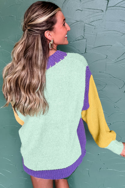 Green Stitched V Neck Color Block Knitted Drop Shoulder Sweater - Viraxa