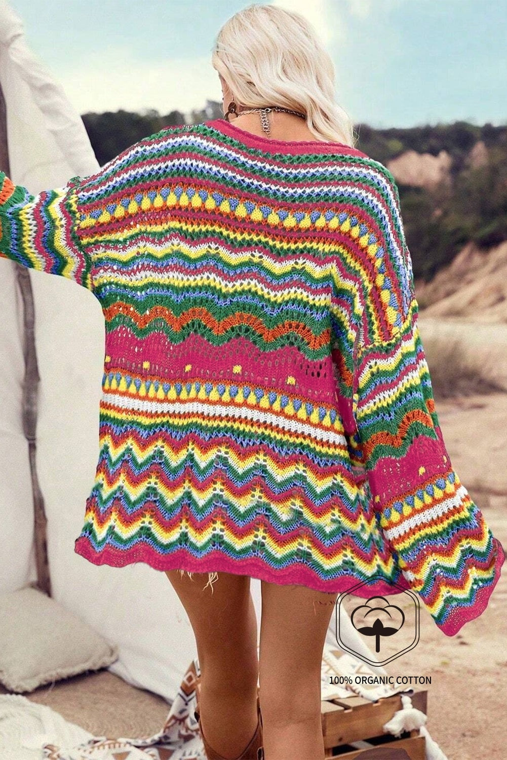 Rose Red Colorblock Striped Hollowed Knit Loose Sleeve Sweater