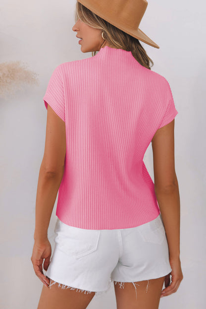 Pink Patch Pocket Ribbed Knit Short Sleeve Sweater - Viraxa