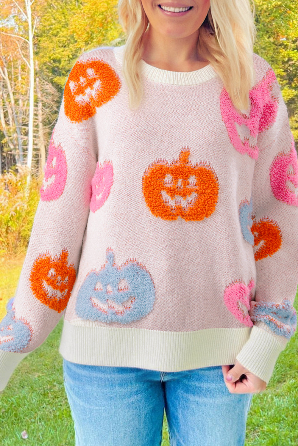 Beige Halloween Cute Pumpkin Pattern Sweater - Viraxa