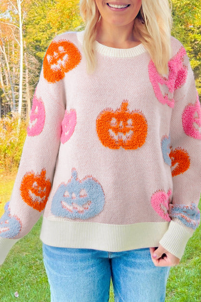 Beige Halloween Cute Pumpkin Pattern Sweater - Viraxa