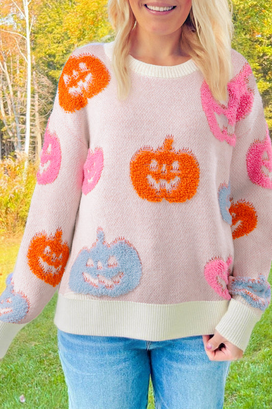 Beige Halloween Cute Pumpkin Pattern Sweater - Viraxa