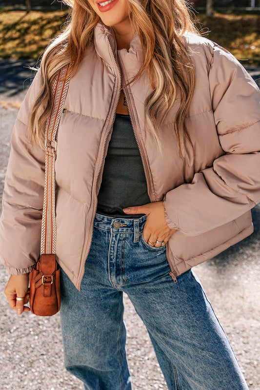 Apricot Pink Full Zipper Quilted Puffer Jacket - Viraxa