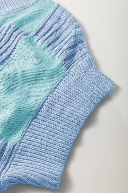 Light Blue Checkered Color Block Crew Neck Short Sleeve Sweater - Viraxa