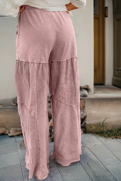 Straw Yellow Mineral Wash Tiered Wide Leg Patchwork Drawstring Pants