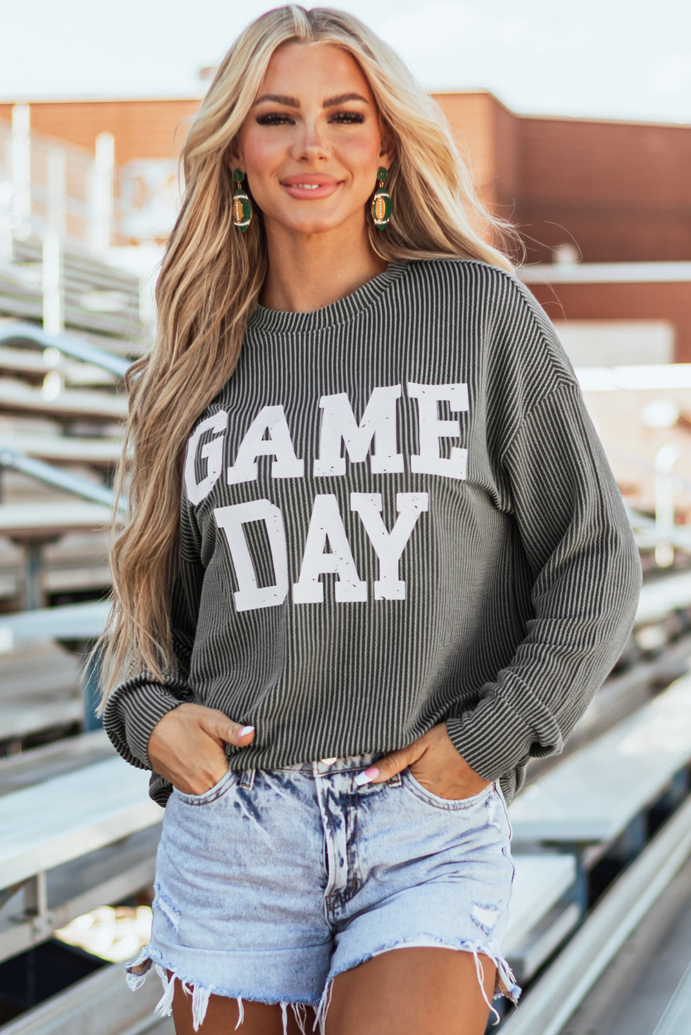Dark Grey Corded GAME DAY Graphic Long Sleeve Crewneck Top - Viraxa