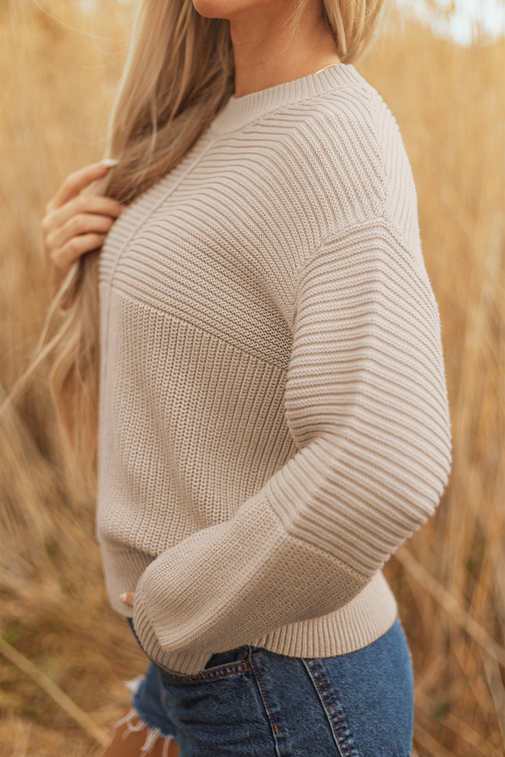 Parchment Mixed Texture Patchwork Knitted Puff Sleeve Sweater - Viraxa