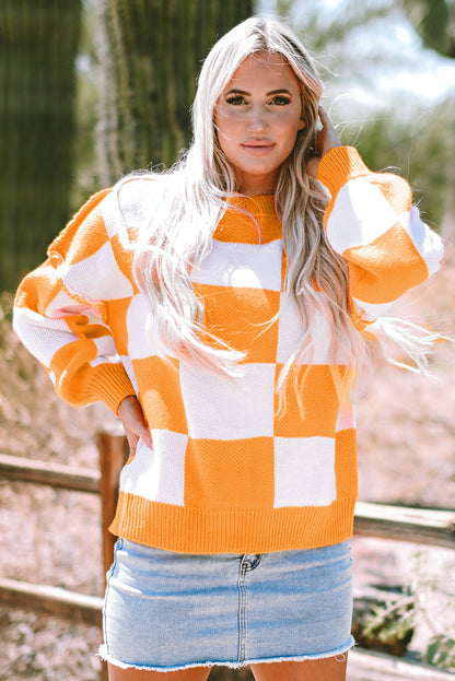 Orange Checkered Bishop Sleeve Sweater - Viraxa