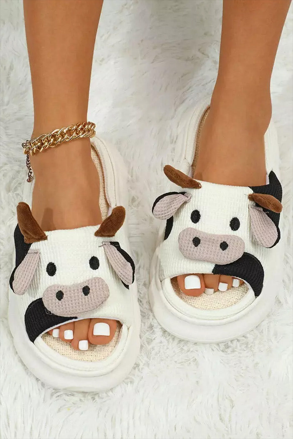 White Cute Cow Pattern Open Toe Slippers - Viraxa
