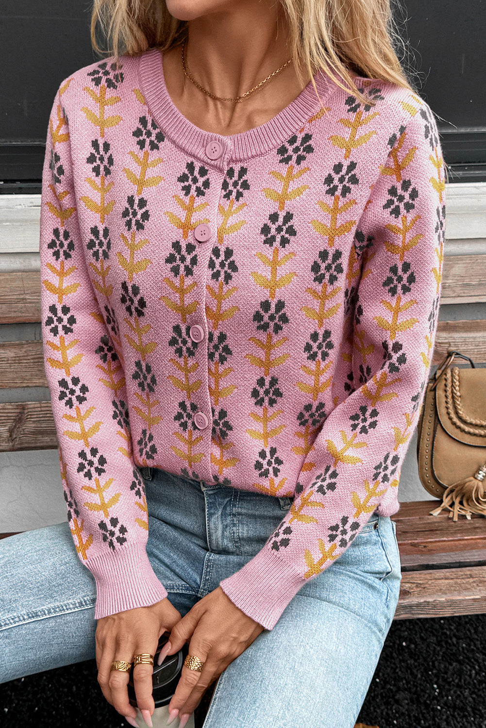 Pink Floral Button Down Ribbed Banded Cardigan Sweater - Viraxa
