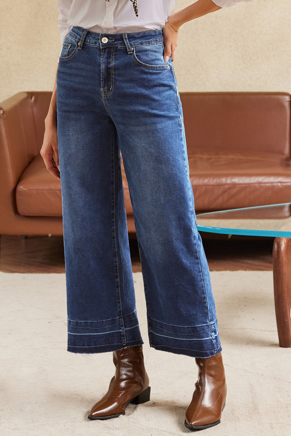 Real Teal Raw Hem Straight Leg Loose High Waist Jeans - Viraxa