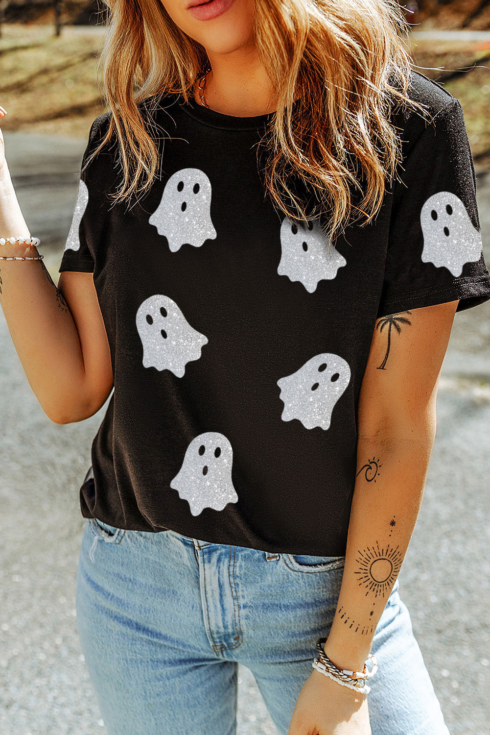 Black Glitter Ghost Pattern Crew Neck Halloween T Shirt - Viraxa