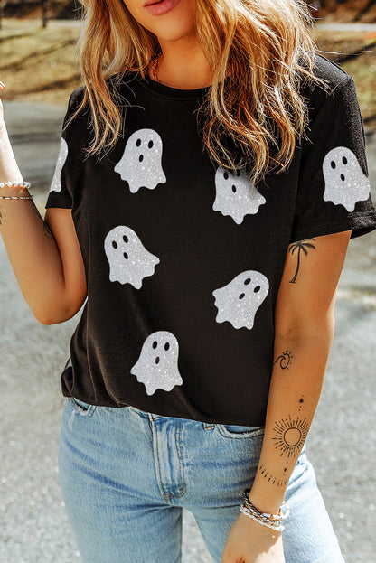Black Glitter Ghost Pattern Crew Neck Halloween T Shirt - Viraxa